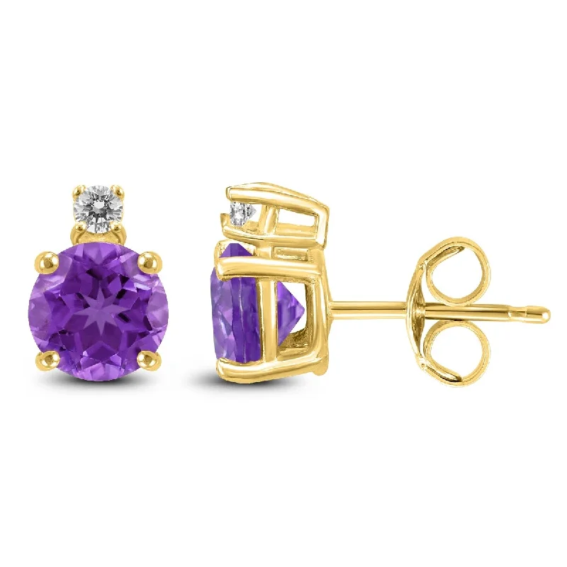 Marquee 14K Yellow Gold 7MM Round Amethyst and Diamond Earrings