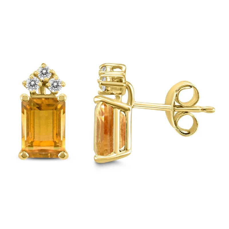 Marquee 14K Yellow Gold 7x5MM Emerald Shaped Citrine and Diamond Earrings