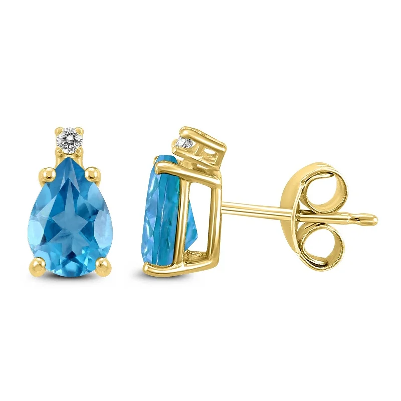 Marquee 14K Yellow Gold 7x5MM Pear Blue Topaz and Diamond Earrings