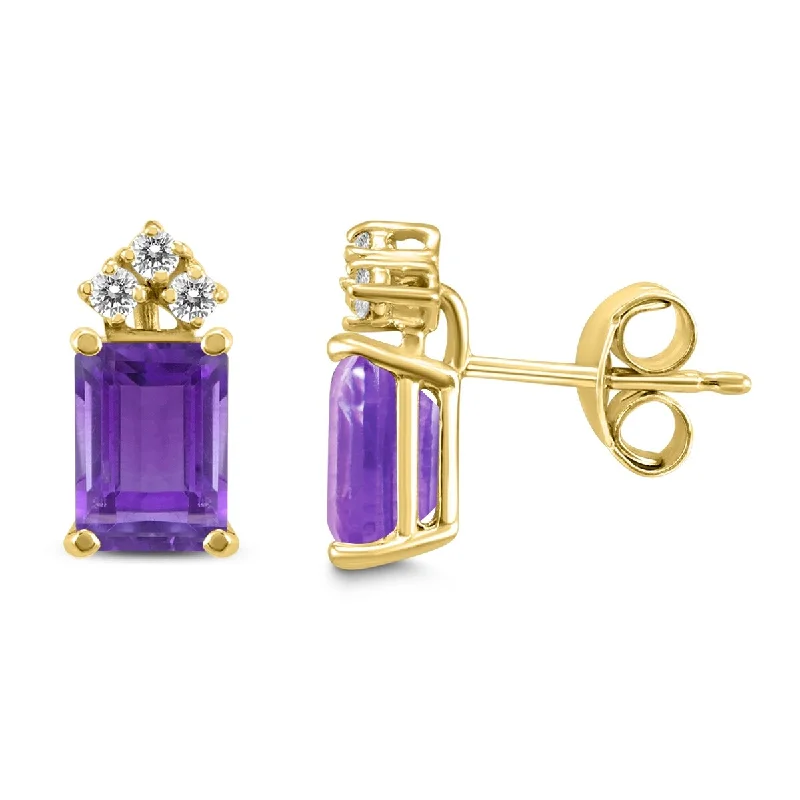 Marquee 14K Yellow Gold 8x6MM Emerald Shaped Amethyst and Diamond Earrings