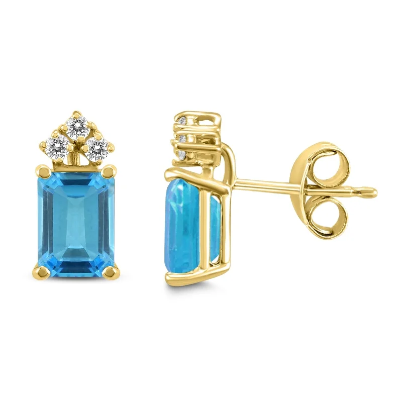 Marquee 14K Yellow Gold 8x6MM Emerald Shaped Blue Topaz and Diamond Earrings