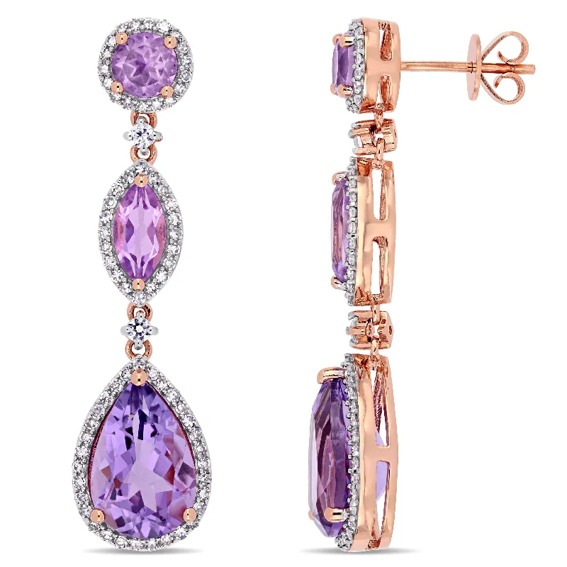 Miadora 14k Rose Gold Amethyst Rose de France White Sapphire and 5/8ct TDW Diamond Dangle Earrings