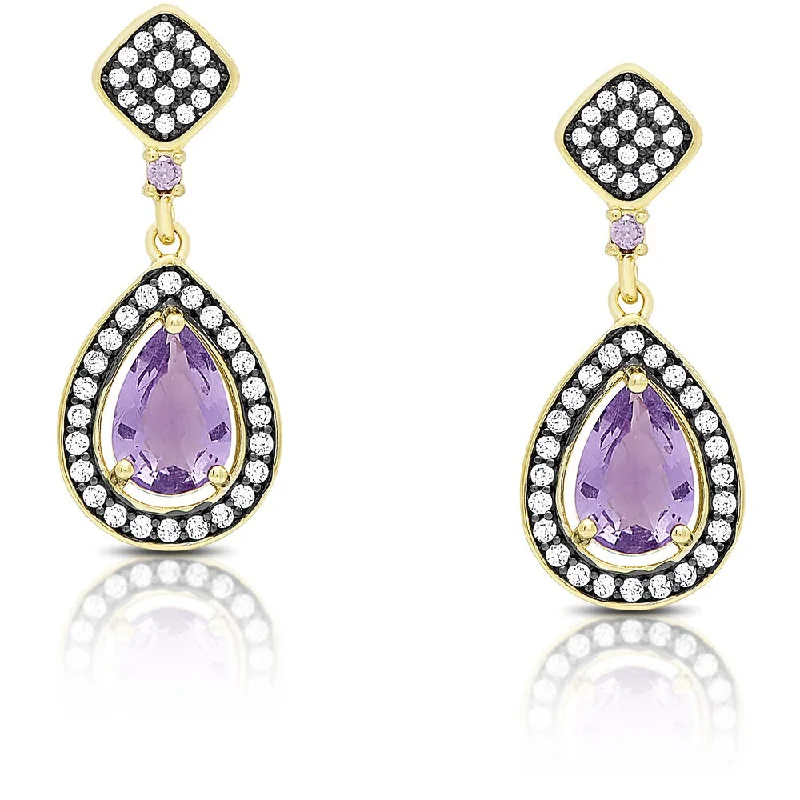 Samantha Stone Gold Over Sterling Silver Cubic Zirconia and Simulated Amethyst Teardrop Earrings