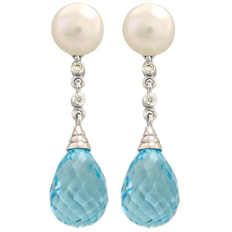 Earrings-Blue Topaz, Fresh Water Pearl and Diamond