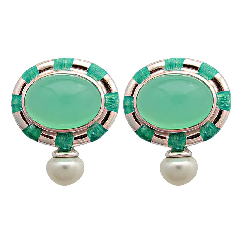 Earrings-Chrysoprase and Fresh Water Pearl (Enamel)