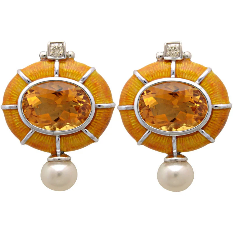 Earrings-Citrine, Fresh Water Pearl and Diamond (Enamel)