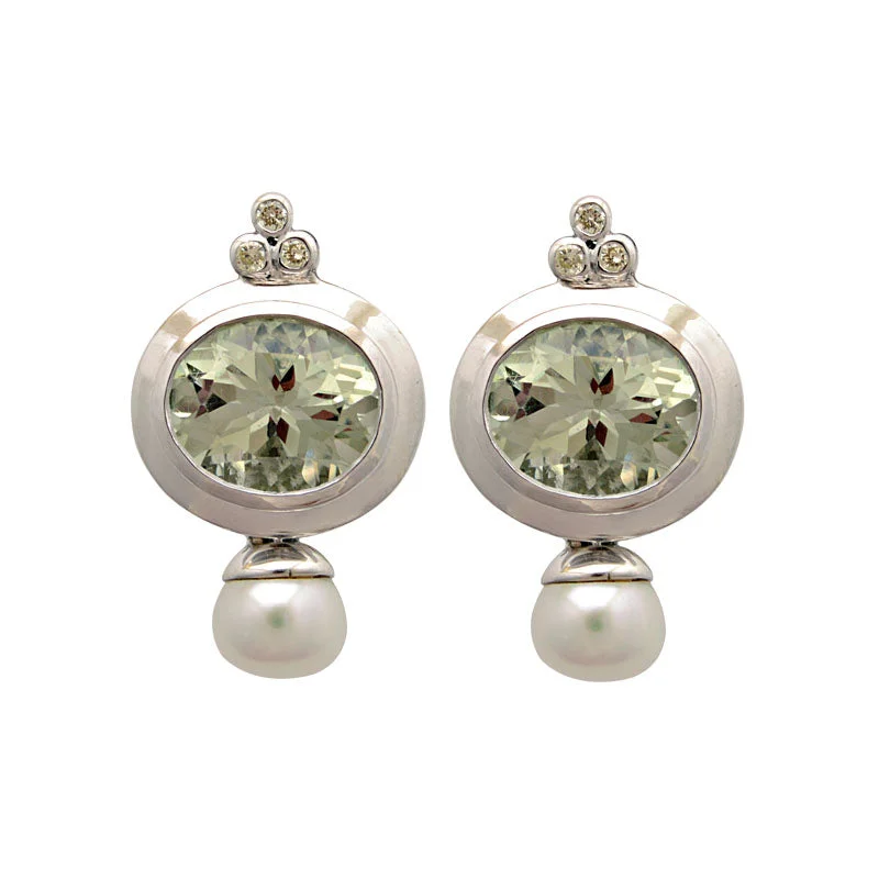 Earrings-Green Quartz, Fresh Water Pearl and Diamond