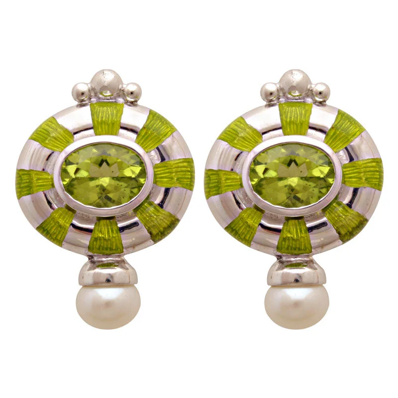 Earrings-Peridot and Fresh Water Pearl (Enamel)