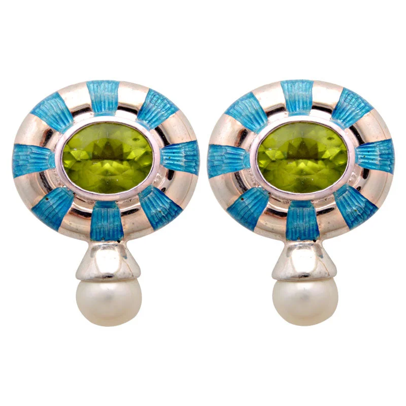 Earrings-Peridot and Fresh Water Pearl (Enamel)