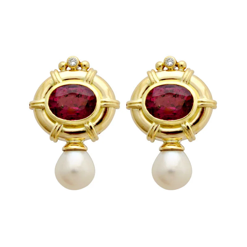 Earrings-Rubellite, Fresh Water Pearl and Diamond