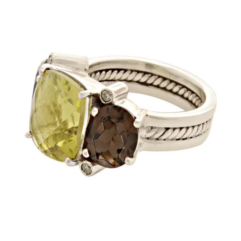 Ring-Lemon Quartz, Smokey Quartz and Diamond